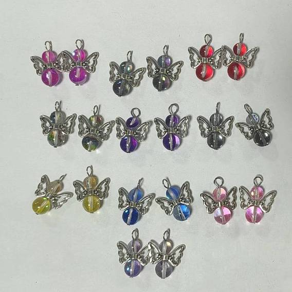 20Pcs Transparent Glass Pendants, with Alloy Butterfly Findings, Angel Charm