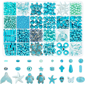 Набор для поиска поделок для изготовления ювелирных изделий, включая черепаховые, крестообразные, каплевидные и прямоугольные синтетические бирюзовые бусины, стеклянные круглые бусины хейши из полимерной глины, стеклянный кулон и фарфоровые кабошоны