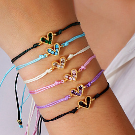 Латунные браслеты с сердечками из кубического циркония, регулируемые плетеные браслеты из полиэфирной нити для женщин