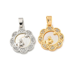 Brass Micro Pave Clear Cubic Zirconia Pendants, with Shell, Round with Rabbit