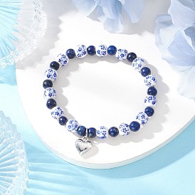 Сплав шарм браслеты, Ручная работа, фарфоровые, керамические и окрашенные натуральные лазуритовые бусины, эластичные браслеты для женщин, круглый и сердце