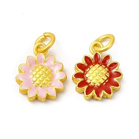 Rack Plating Alloy Enamel Pendants with Jump Ring, Flower Charms, Matte Gold Color