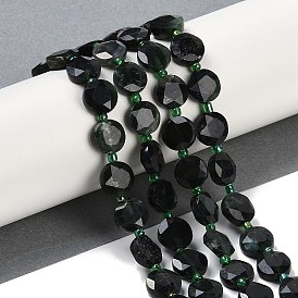 Natural Black Jade Beads Strands, Faceted Pentagonal Cut, Flat Round, with Seed Beads