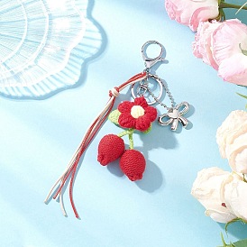 Брелки с цветами из хлопка, связанные крючком вручную, с карабинами из железного сплава, цветок с бантом, платина