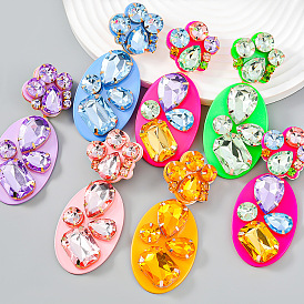 Bohemian Floral Resin Diamond Earrings - Retro European American Exaggerated Multilayer Elliptical Ear Jewelry for Women