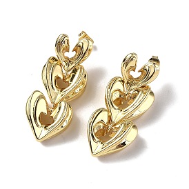 Brass Triple Heart Stud Earrings for Valentine's Day