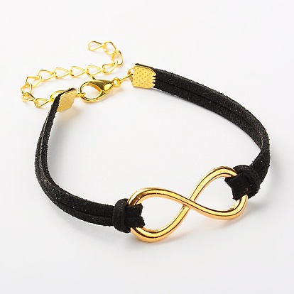 Valentines Gift Ideas for Her Faux Suede Cord Alloy Infinity Link Bracelets, with Lobster Claw Clasps, 178mm
