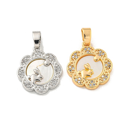 Brass Micro Pave Clear Cubic Zirconia Pendants, Cadmium Free & Nickel Free & Lead Free, with Shell, Round with Rabbit