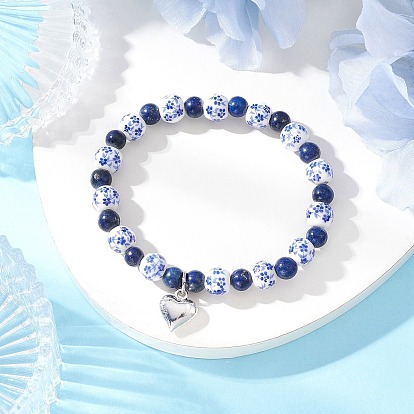 Сплав шарм браслеты, Ручная работа, фарфоровые, керамические и окрашенные натуральные лазуритовые бусины, эластичные браслеты для женщин, круглый и сердце