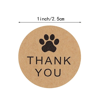 Thank You Stickers Roll, Round Kraft Paper Footprint Pattern Adhesive Labels, Decorative Sealing Stickers for Christmas Gifts, Wedding, Party