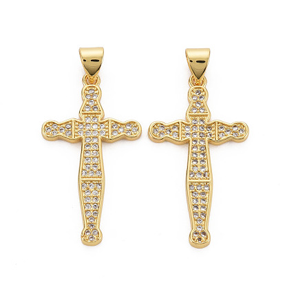 Brass Micro Pave Clear Cubic Zirconia Pendants, Nickel Free, Cross