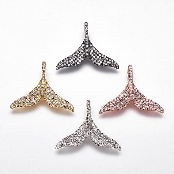 Brass Micro Pave Cubic Zirconia Pendants, Whale Tail Shaped