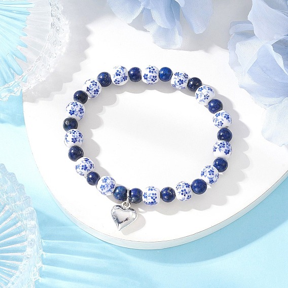 Сплав шарм браслеты, Ручная работа, фарфоровые, керамические и окрашенные натуральные лазуритовые бусины, эластичные браслеты для женщин, круглый и сердце