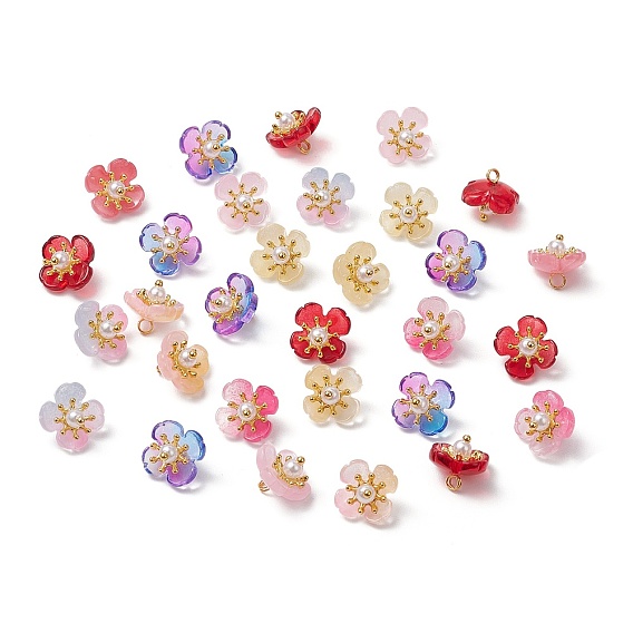 Цветок стекло амулеты, с бусинами из АБС-пластика, имитирующими жемчуг, и латунной петлей