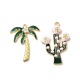 Подвески из сплава зеленой эмали, с пластиковыми жемчужными бусинами, кокосовая пальма/кактус, золотые