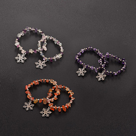 Madre e hija conjuntos de pulseras con dijes para niños elásticos con pedrería natural, con perlas de hierro y colgantes copo de nieve estilo tibetano, 55 mm, 45 mm