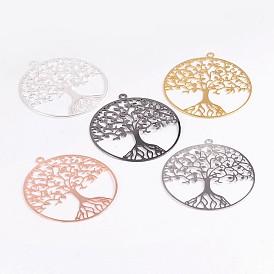 Filigree Tree of Life Brass Pendants, 39x36x0.6mm, Hole: 2mm