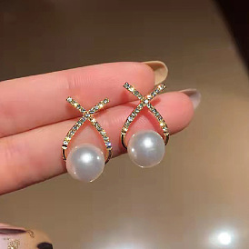 Chic Vintage Pearl Earrings with Crossed X Letter and Diamond Studs