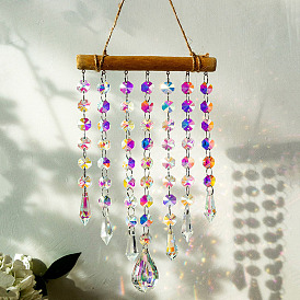 Glass Octagon Beads Suncatchers Hanging Ornaments, Wood Sticks for Window Room Decorations