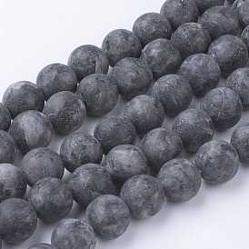 Natural Black Larvikite Bead Strands, Round, Frosted