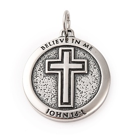 316 Surgical Stainless Steel Pendants, with Jump Ring, Flat Round with Cross & Bible Verse Charm