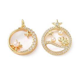 Brass Micro Pave Clear Cubic Zirconia Pendants, with White Shell & ABS Imitation Pearl, Flat Round with Star Charms, Cadmium Free & Lead Free, Rack Plating, Long-Lasting Plated