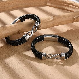 Braided Microfiber Leather Cord Bracelets for Men, with 316 Surgical Stainless Steel Polished Buckle and 304 Stainless Steel Finding, Infinity