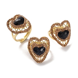 Heart Synthetic Blue Goldstone Finger Rings, Brass Rhinestone Adjustable Rings for Women, Long-Lasting Plated