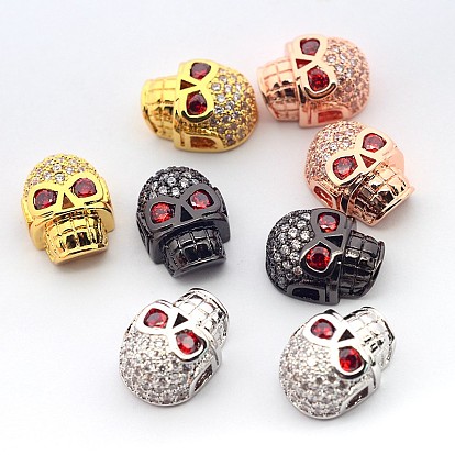 Fashionable Brass Micro Pave Cubic Zirconia Skull Hollow Beads, Cadmium Free & Nickel Free & Lead Free, 13x10x7mm, Hole: 2mm