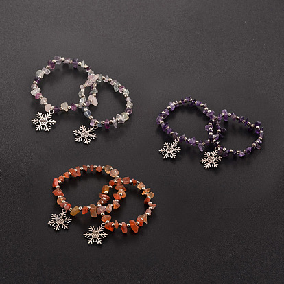 Madre e hija conjuntos de pulseras con dijes para niños elásticos con pedrería natural, con perlas de hierro y colgantes copo de nieve estilo tibetano, 55 mm, 45 mm