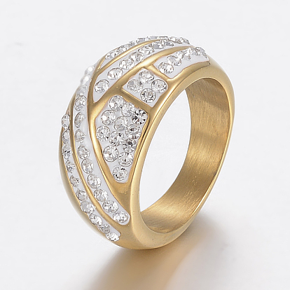 Ion Plating(IP) 304 Stainless Steel Finger Rings, with Polymer Clay Rhinestones