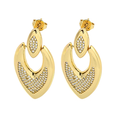 Rack Plating Brass Micro Pave Clear Cubic Zirconia Heart Stud Dangle Earrings for Women, Long-Lasting Plated, Cadmium Free & Lead Free