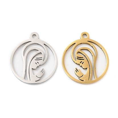 201 Stainless Steel Pendants, Hollow, Flat Round with Woman Charm