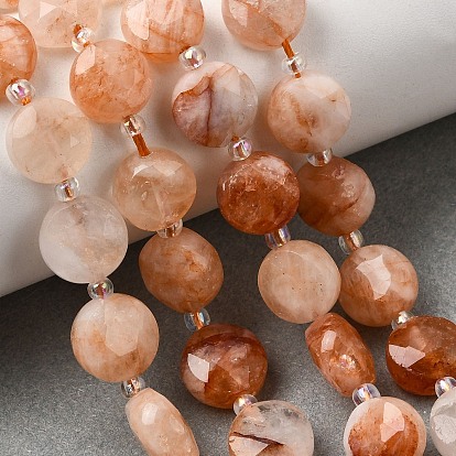 Нити из натурального красного гематоидного кварца/железистого кварца, граненые шестиугольные бусины в форме монеты, с бисером