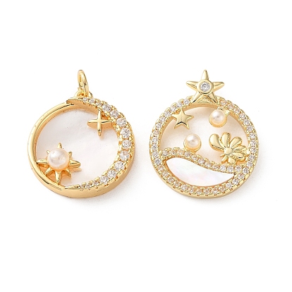 Brass Micro Pave Clear Cubic Zirconia Pendants, with White Shell & ABS Imitation Pearl, Flat Round with Star Charms, Cadmium Free & Lead Free, Rack Plating, Long-Lasting Plated
