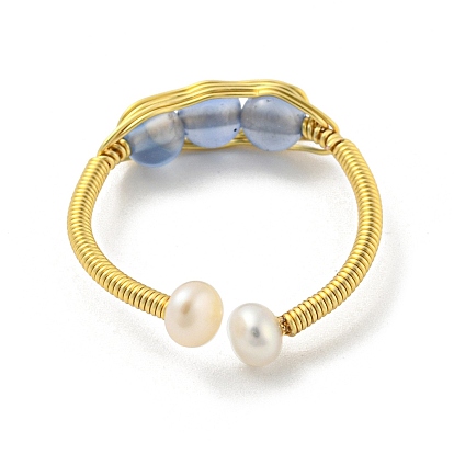 Natural Pearl & Aquamarine Beaded Open Cuff Ring, Brass Wire Wrap Finger Ring