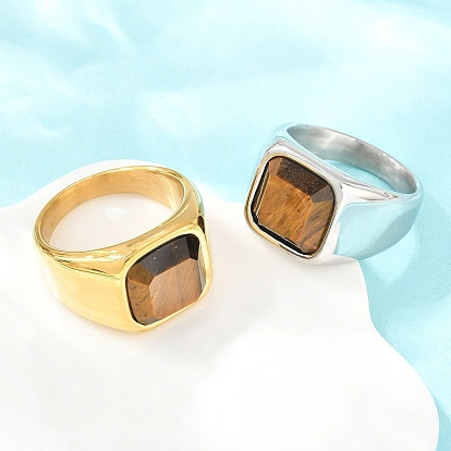 304 Anillos de dedo de acero inoxidable con ojo de tigre natural para hombres, plaza
