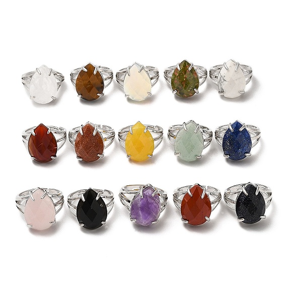 Synthetic & Natural Mixed Gemstone Teardrop Adjustable Rings, Platinum Brass Ring, Lead Free & Cadmium Free