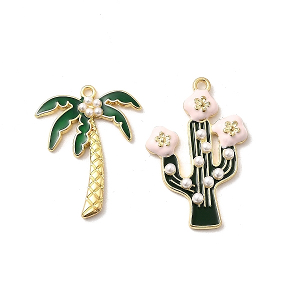 Подвески из сплава зеленой эмали, с пластиковыми жемчужными бусинами, кокосовая пальма/кактус, золотые