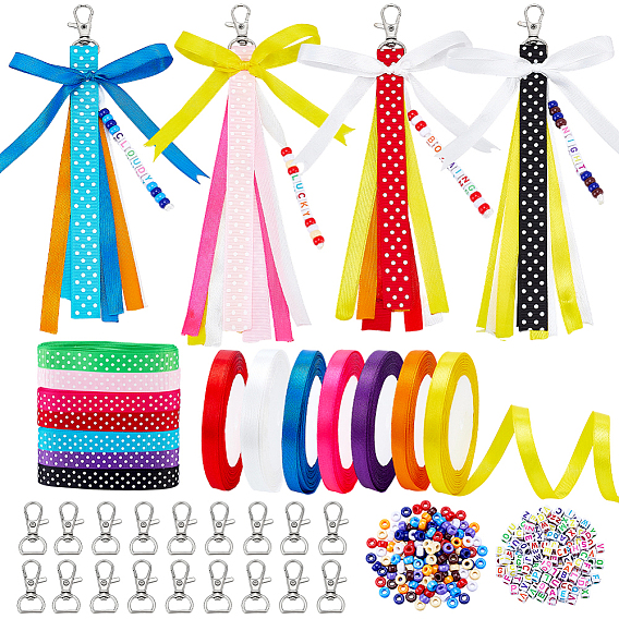 DIY Keychain Making Kits, Including Iron Swivel Lobster Claw Clasps, Polyester Ribbon, Acrylic Beads, Grosgrain Ribbon