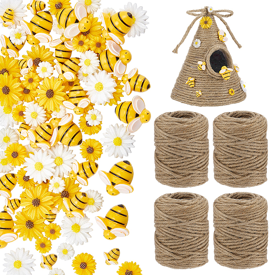 90 pièces 9 cabochons en résine opaque abeilles et fleurs, avec des rouleaux de corde de jute