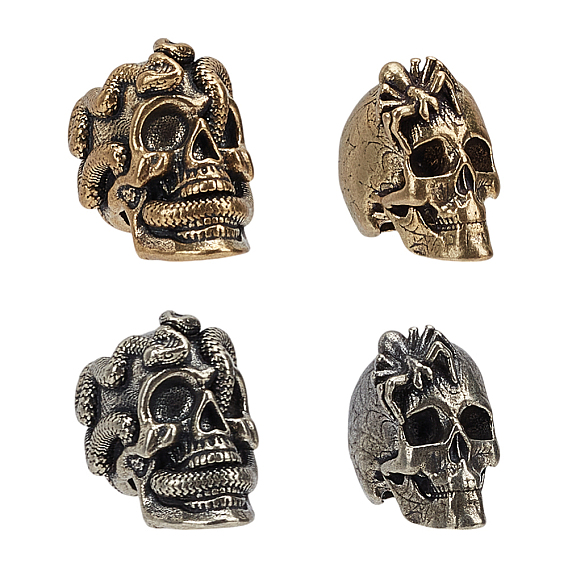 4Pcs 4 Styles Outdoor EDC Tool Brass Parachute Rope European Beads, Large Hole Beads, Skull with Spider