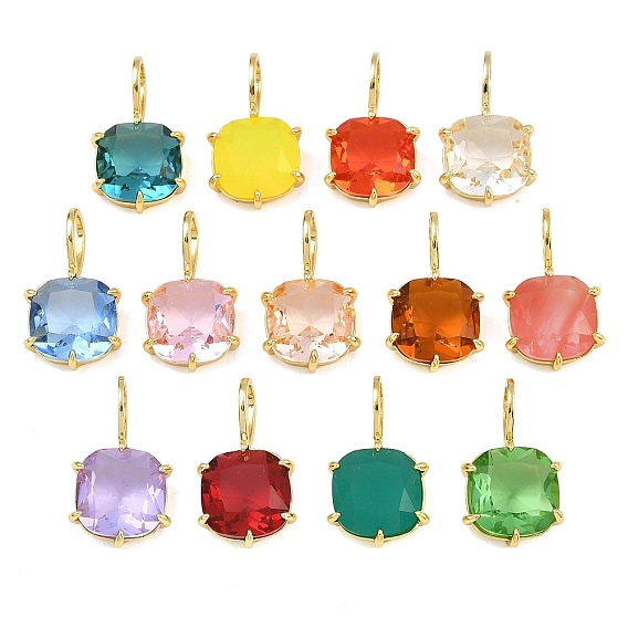 Подвески из латуни и стекла, квадратных амулеты, граненые, долговечный, стойки покрытие, без свинца и без кадмия
