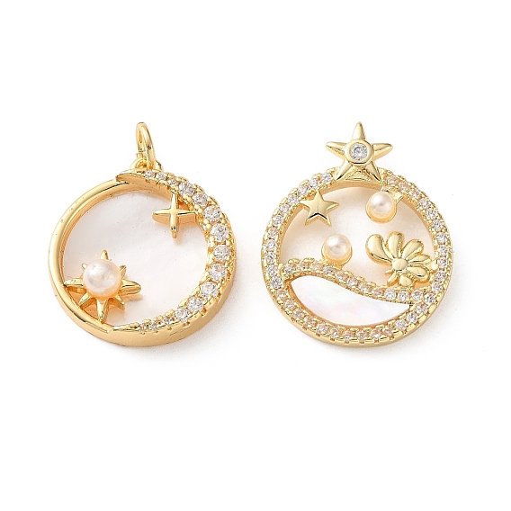 Brass Micro Pave Clear Cubic Zirconia Pendants, with White Shell & ABS Imitation Pearl, Flat Round with Star Charms, Cadmium Free & Lead Free, Rack Plating, Long-Lasting Plated