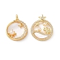 Brass Micro Pave Clear Cubic Zirconia Pendants, with White Shell & ABS Imitation Pearl, Flat Round with Star Charms, Cadmium Free & Lead Free, Rack Plating, Long-Lasting Plated