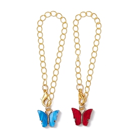 2Pcs 2 Colors Butterfly Acrylic Cup Charms, with Brass Twisted Chains and Zinc Alloy Lobster Claw Clasps