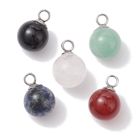 Natural Mixed Gemstone Round Charms, with Stainless Steel Color Plated 201 Stainless Steel Bead Cap Pendant Bails