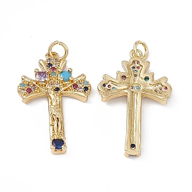Brass Colorful Cubic Zirconia Pendants, with Jump Ring, Cross Charms