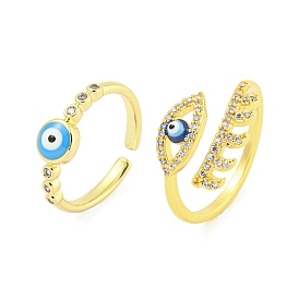 304 Stainless Steel Cubic Zirconia Open Cuff Ring, Enamel Evil Eye Ring for Women