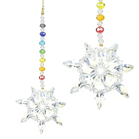 Flower Faceted Glass Pendant Decoration, with Brass Cable Chains and 304 Stainless Steel Jump Rings, for Home Decoration